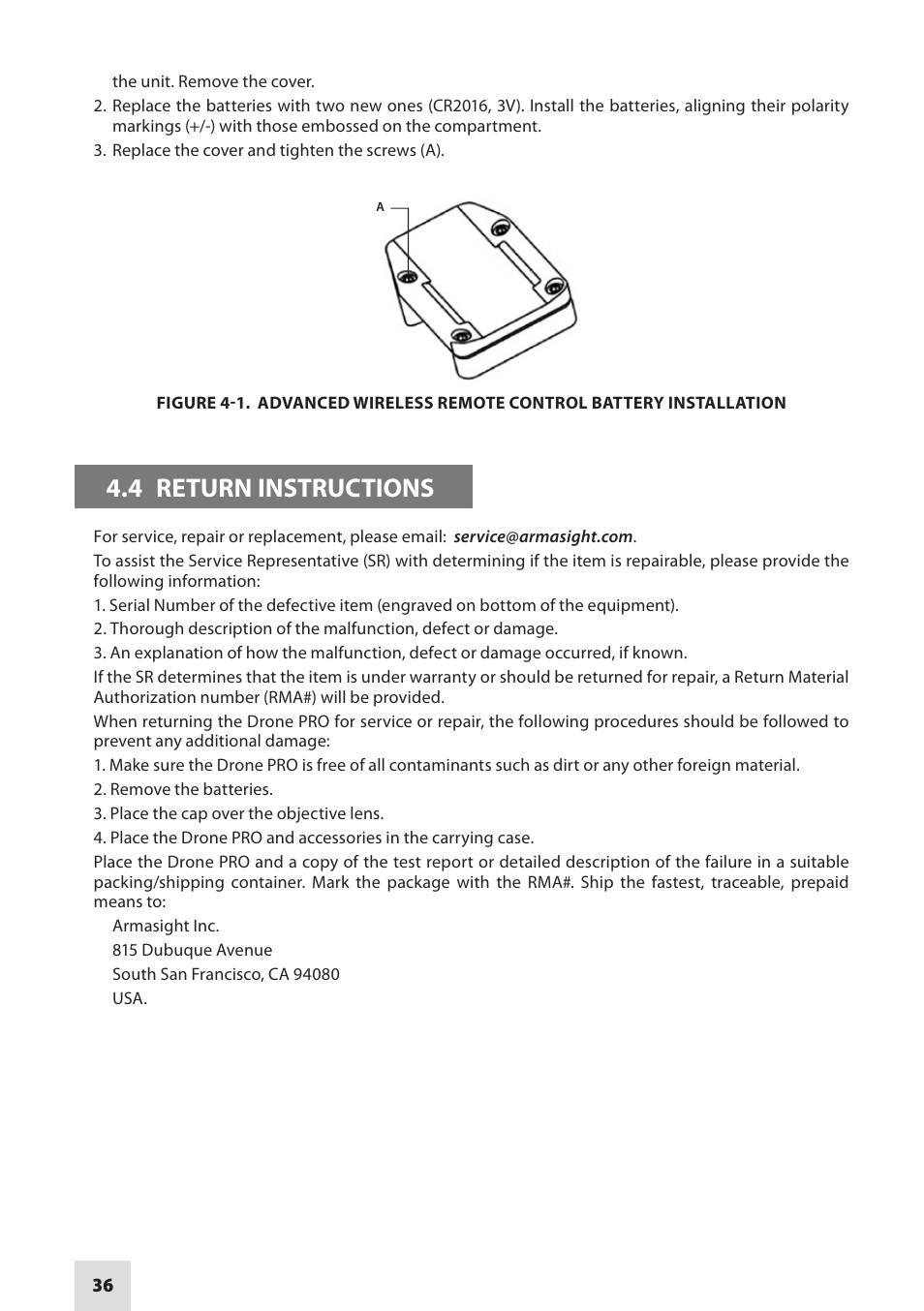 4 return instructions | Armasight DARDROPBB05PAL1 Drone Pro 5x Digital Night Vision Riflescopes User Manual | Page 36 / 40