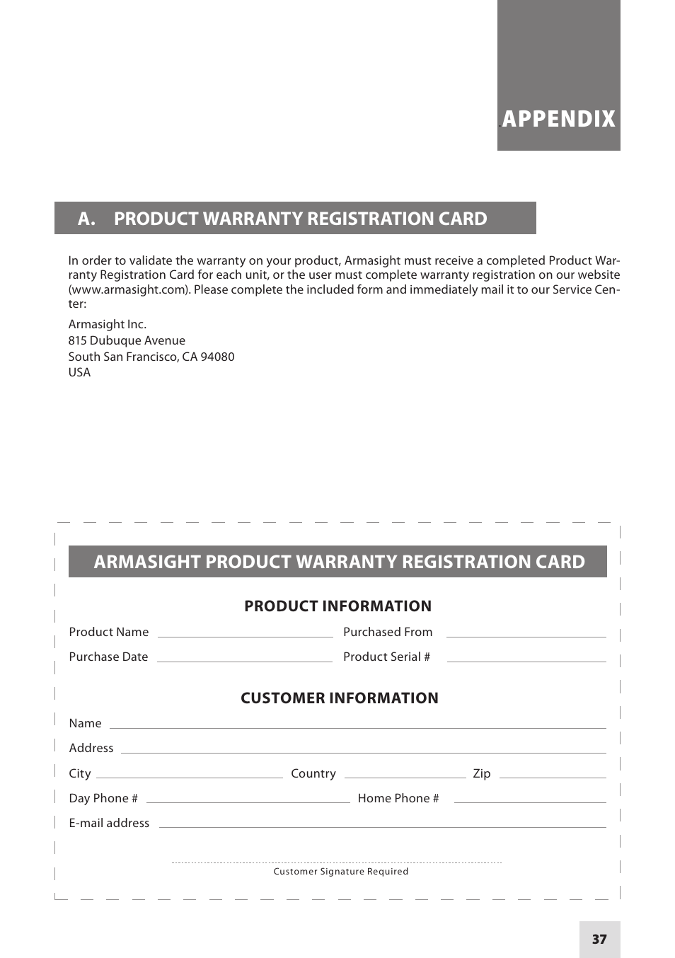 Appendix, A. product warranty registration card, Armasight product warranty registration card | Armasight DARDROPBB05PAL1 Drone Pro 5x Digital Night Vision Riflescopes User Manual | Page 37 / 40