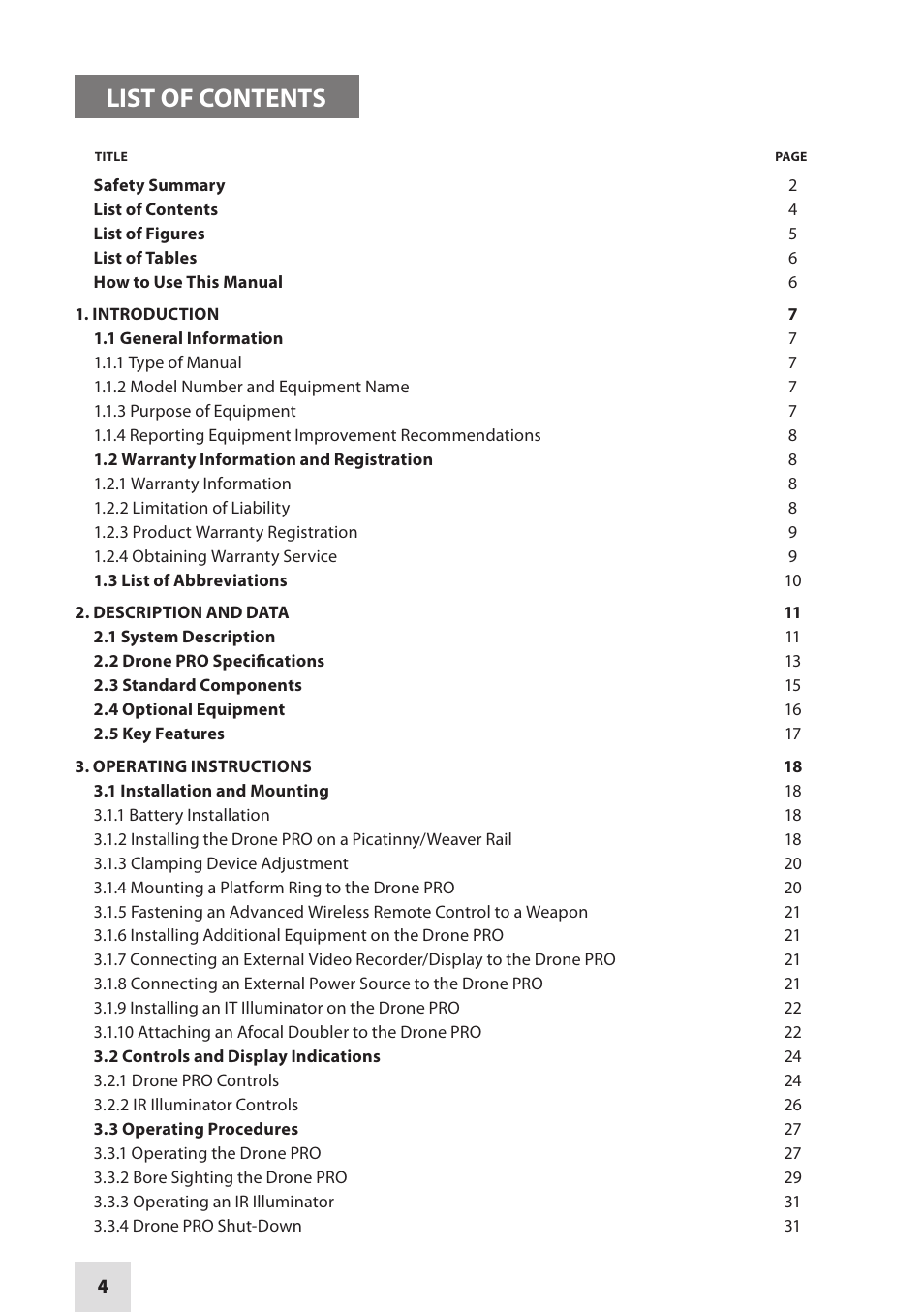 List of contents | Armasight DARDROPBB05PAL1 Drone Pro 5x Digital Night Vision Riflescopes User Manual | Page 4 / 40