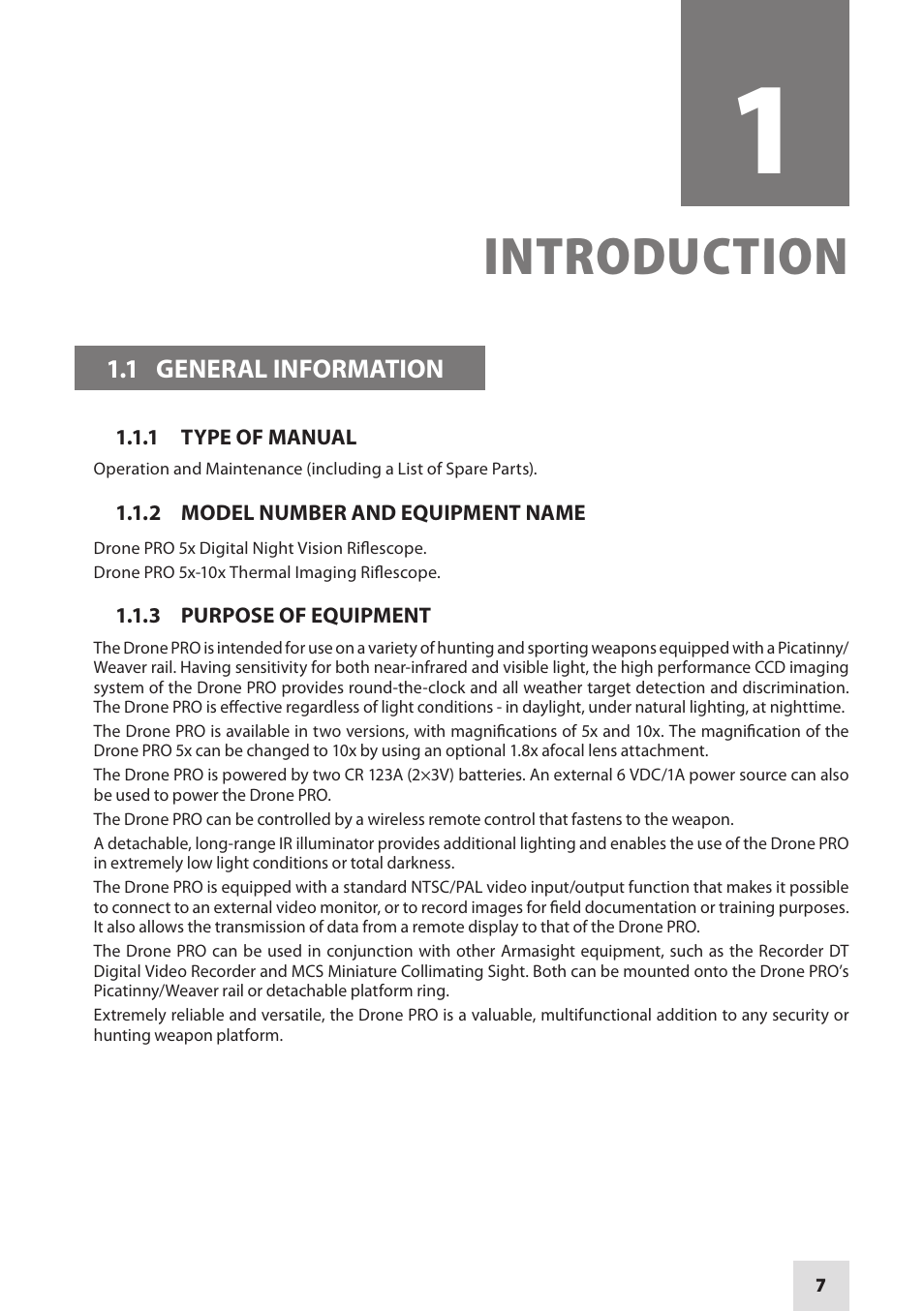 Introduction | Armasight DARDROPBB05PAL1 Drone Pro 5x Digital Night Vision Riflescopes User Manual | Page 7 / 40