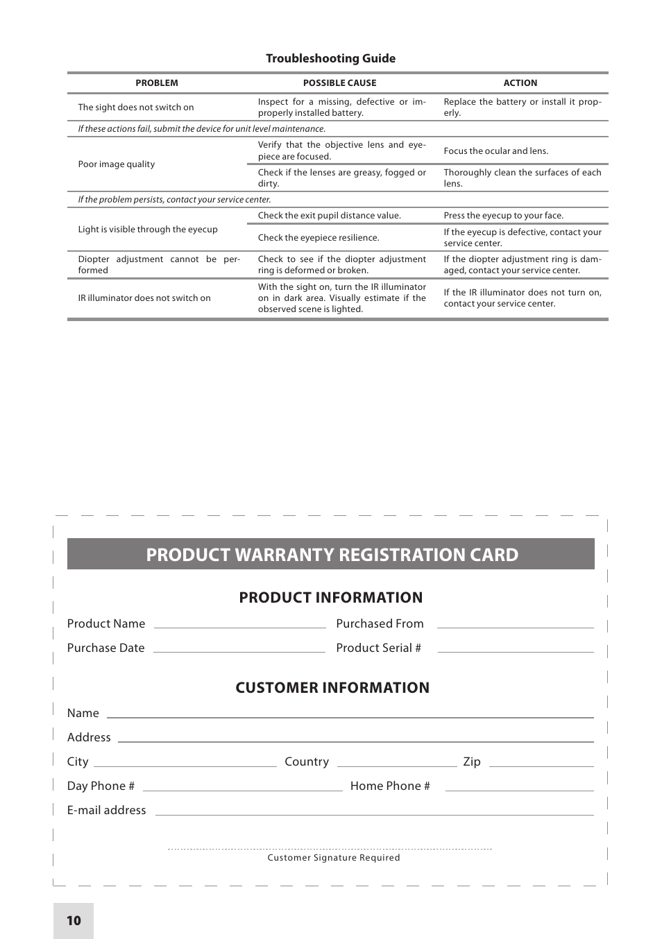 Product warranty registration card, Product information customer information | Armasight NMWVAMPIR3CCIC1 Vampire 3X CORE IIT Night Vision Rifle Scope User Manual | Page 10 / 12