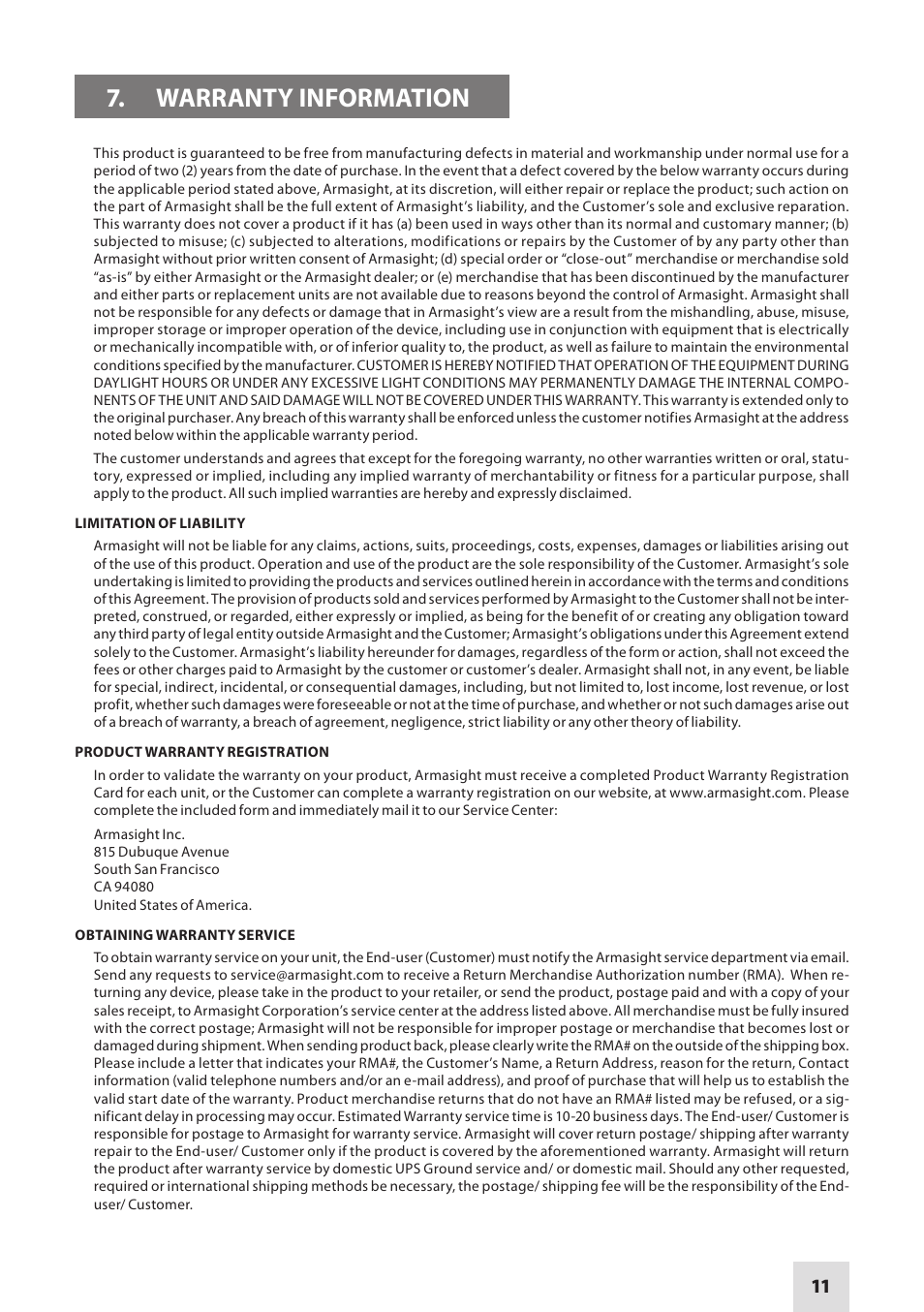 Warranty information | Armasight NMWVAMPIR3CCIC1 Vampire 3X CORE IIT Night Vision Rifle Scope User Manual | Page 11 / 12