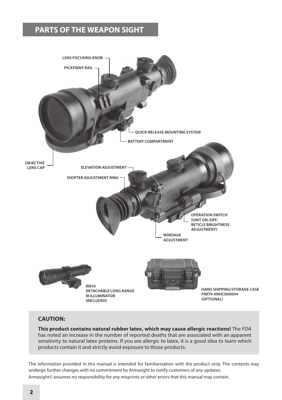 Parts of the weapon sight, Caution | Armasight NMWVAMPIR3CCIC1 Vampire 3X CORE IIT Night Vision Rifle Scope User Manual | Page 2 / 12