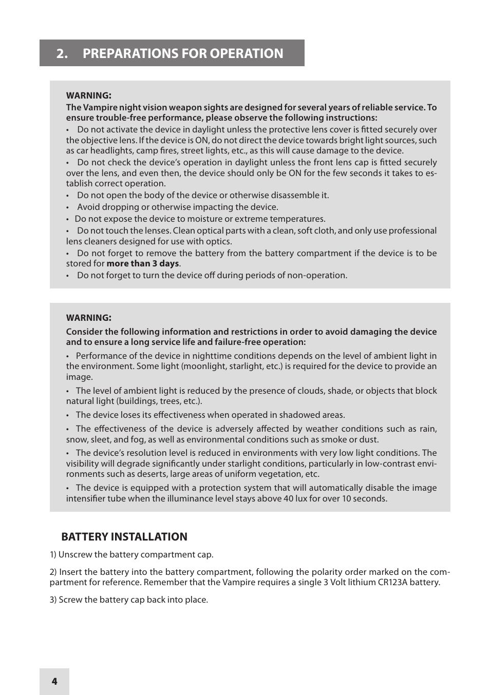 Preparations for operation | Armasight NMWVAMPIR3CCIC1 Vampire 3X CORE IIT Night Vision Rifle Scope User Manual | Page 4 / 12
