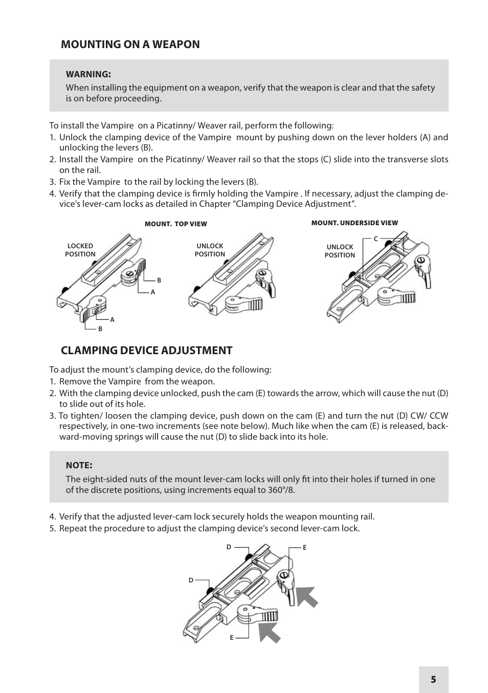Mounting on a weapon, Clamping device adjustment | Armasight NMWVAMPIR3CCIC1 Vampire 3X CORE IIT Night Vision Rifle Scope User Manual | Page 5 / 12