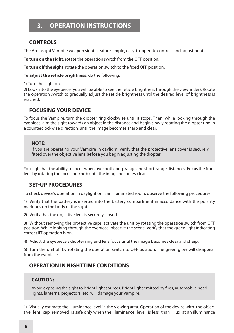 Operation instructions | Armasight NMWVAMPIR3CCIC1 Vampire 3X CORE IIT Night Vision Rifle Scope User Manual | Page 6 / 12