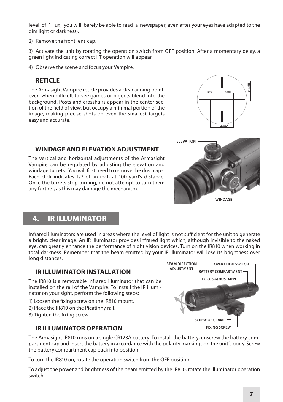 Ir illuminator, Reticle, Windage and elevation adjustment | Ir illuminator installation, Ir illuminator operation | Armasight NMWVAMPIR3CCIC1 Vampire 3X CORE IIT Night Vision Rifle Scope User Manual | Page 7 / 12
