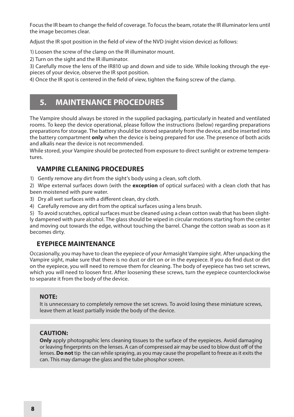 Maintenance procedures | Armasight NMWVAMPIR3CCIC1 Vampire 3X CORE IIT Night Vision Rifle Scope User Manual | Page 8 / 12
