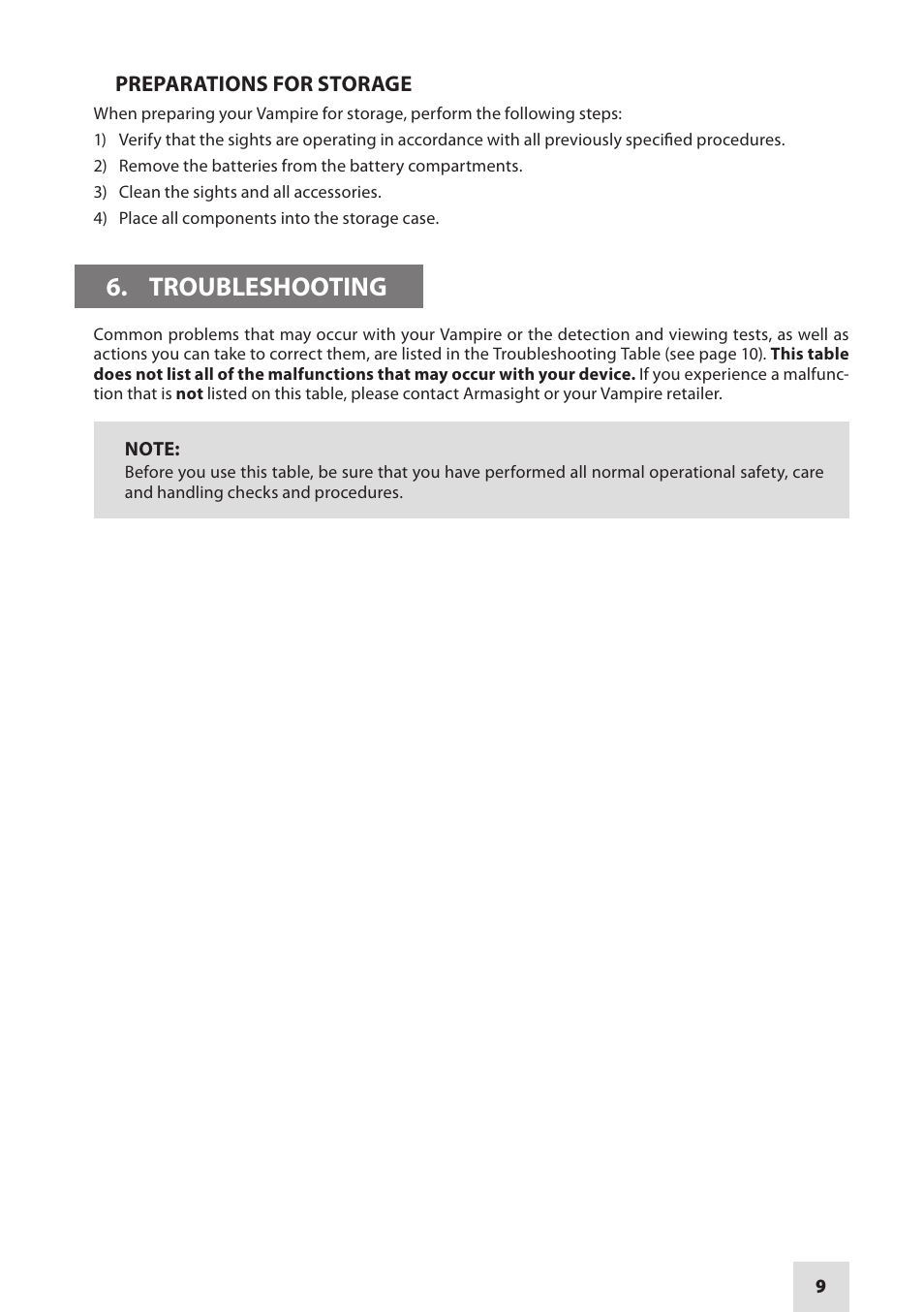 Troubleshooting | Armasight NMWVAMPIR3CCIC1 Vampire 3X CORE IIT Night Vision Rifle Scope User Manual | Page 9 / 12