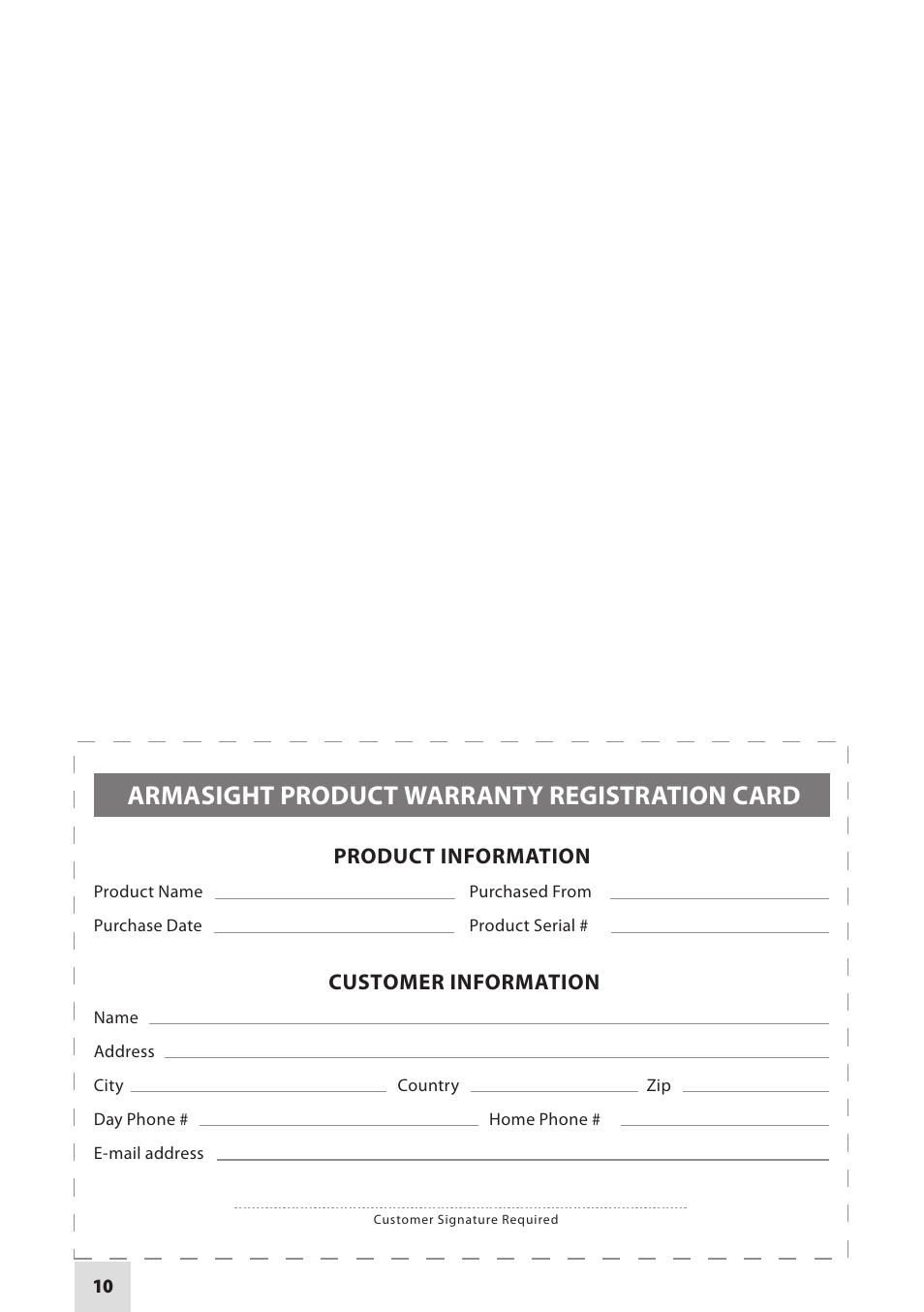 Armasight product warranty registration card | Armasight NWWWWZ000411I11 WWZ 4x GEN 1+ Night Vision Rifle Scope User Manual | Page 10 / 12