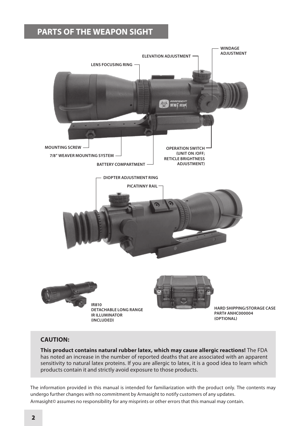 Parts of the weapon sight, Caution | Armasight NWWWWZ000411I11 WWZ 4x GEN 1+ Night Vision Rifle Scope User Manual | Page 2 / 12