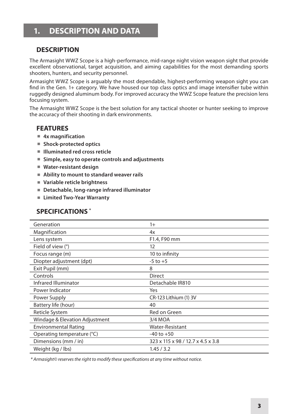Armasight NWWWWZ000411I11 WWZ 4x GEN 1+ Night Vision Rifle Scope User Manual | Page 3 / 12