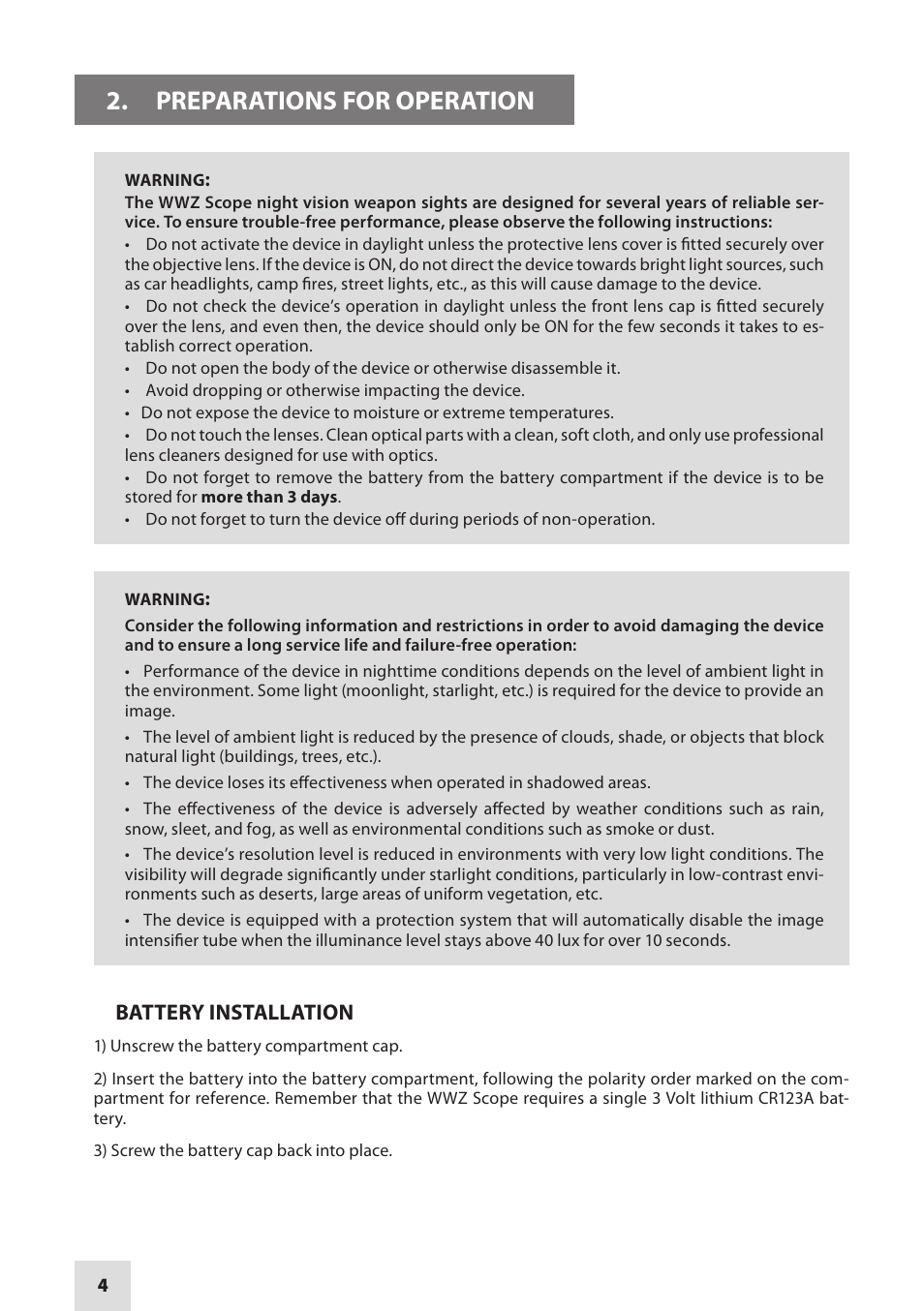 Preparations for operation | Armasight NWWWWZ000411I11 WWZ 4x GEN 1+ Night Vision Rifle Scope User Manual | Page 4 / 12