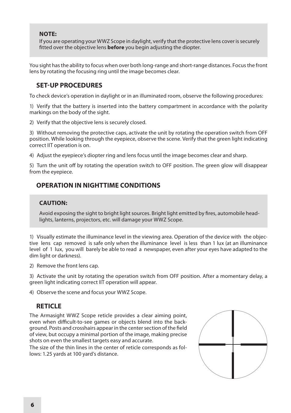 Set-up procedures, Operation in nighttime conditions, Reticle | Armasight NWWWWZ000411I11 WWZ 4x GEN 1+ Night Vision Rifle Scope User Manual | Page 6 / 12