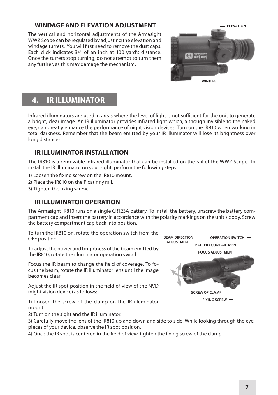 Ir illuminator, Windage and elevation adjustment, Ir illuminator installation | Ir illuminator operation | Armasight NWWWWZ000411I11 WWZ 4x GEN 1+ Night Vision Rifle Scope User Manual | Page 7 / 12