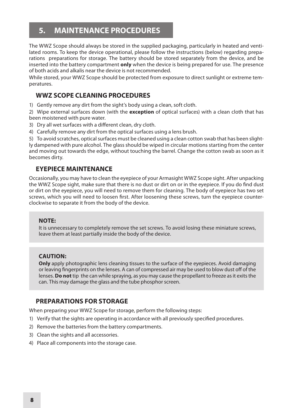 Maintenance procedures | Armasight NWWWWZ000411I11 WWZ 4x GEN 1+ Night Vision Rifle Scope User Manual | Page 8 / 12