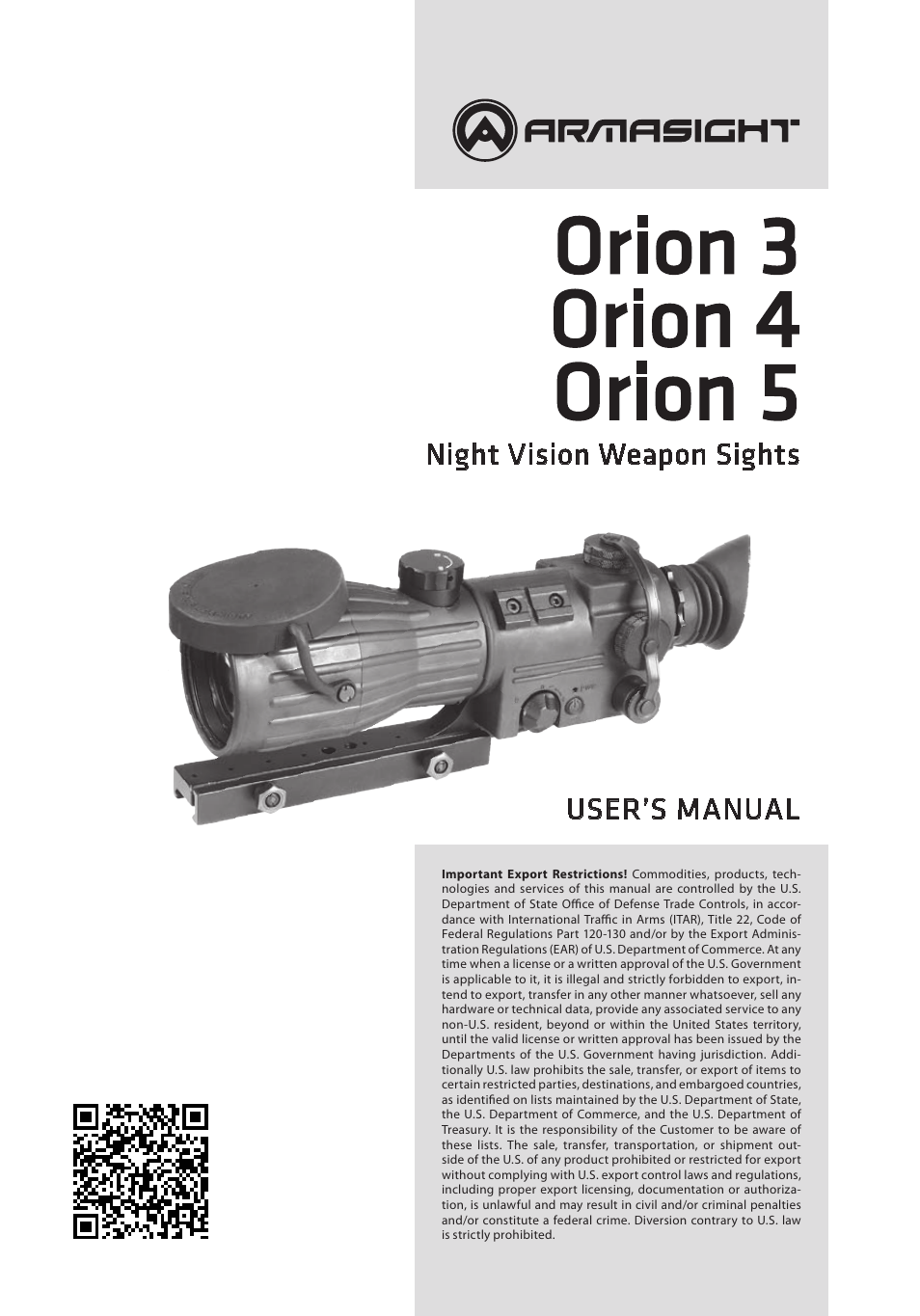 Armasight NWWORION0411I11 ORION 4x GEN 1+ Night vision rifle scope User Manual | 12 pages