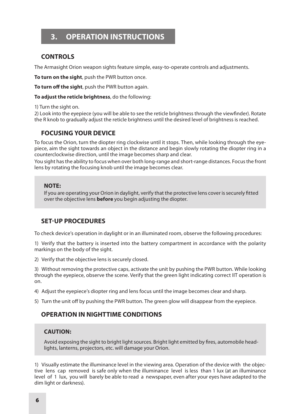 Operation instructions, Controls, Focusing your device | Set-up procedures, Operation in nighttime conditions | Armasight NWWORION0411I11 ORION 4x GEN 1+ Night vision rifle scope User Manual | Page 6 / 12