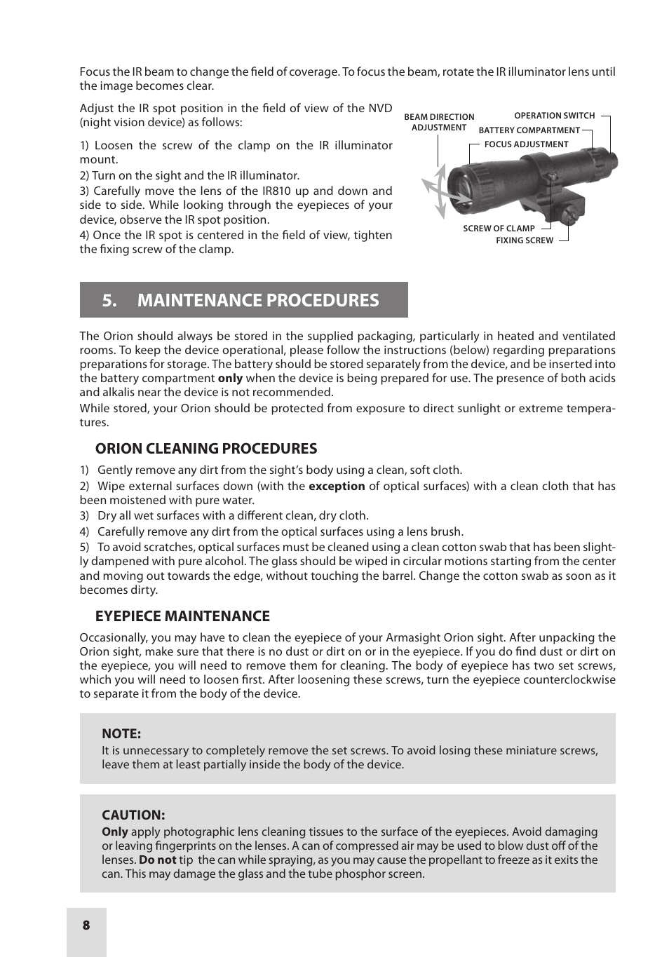 Maintenance procedures, Orion cleaning procedures, Eyepiece maintenance | Armasight NWWORION0411I11 ORION 4x GEN 1+ Night vision rifle scope User Manual | Page 8 / 12