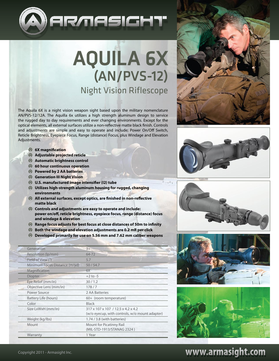 Armasight NLWAQUILA6F6DA1 L3 Aquila 6x (AN/PVS-12) GEN3 Night Vision Riflescope User Manual | 1 page