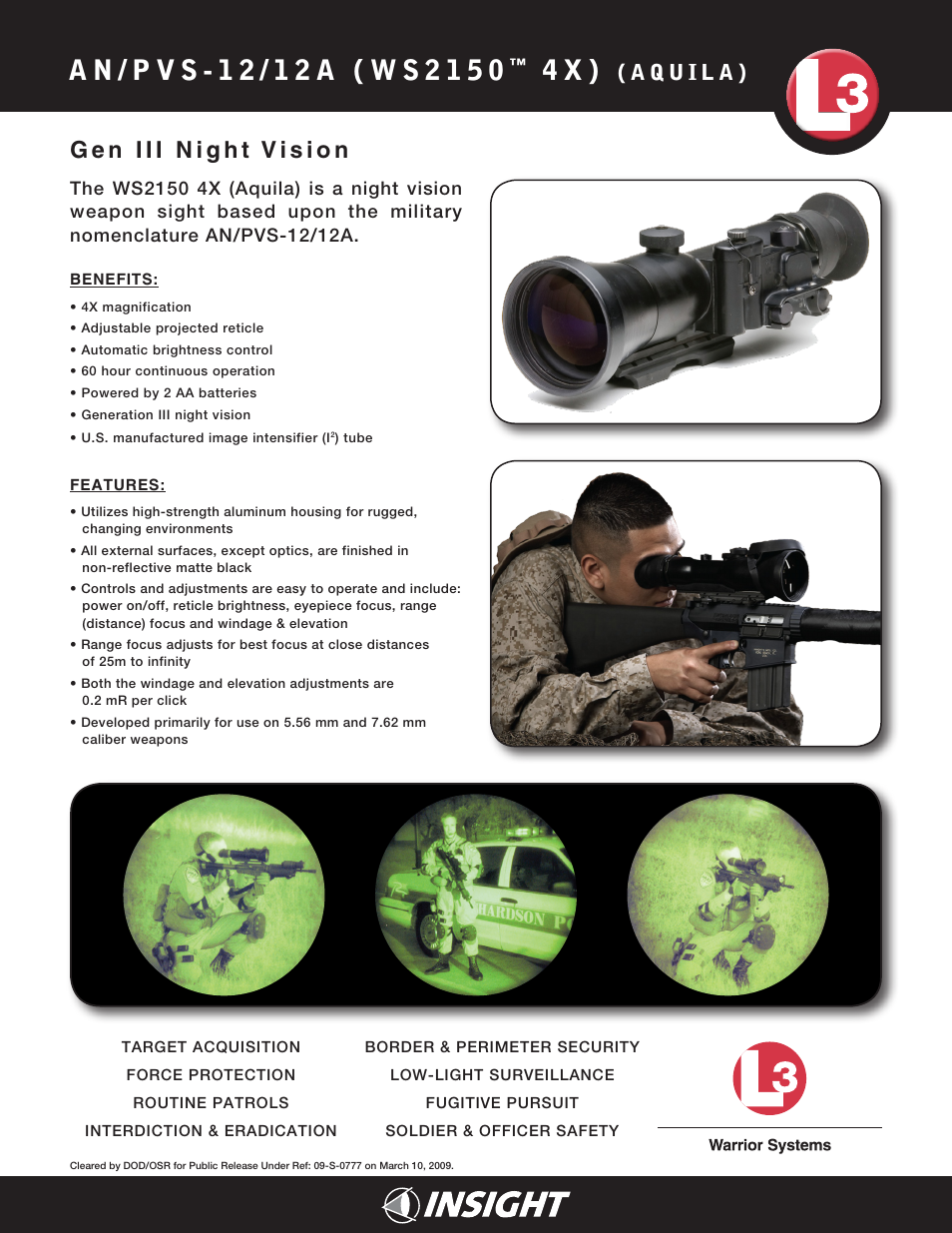 Armasight NLWAQUILA4F6DA1 L3 Aquila 4x AN/PVS-12/12A GEN3 Night Vision Riflescope User Manual | 2 pages