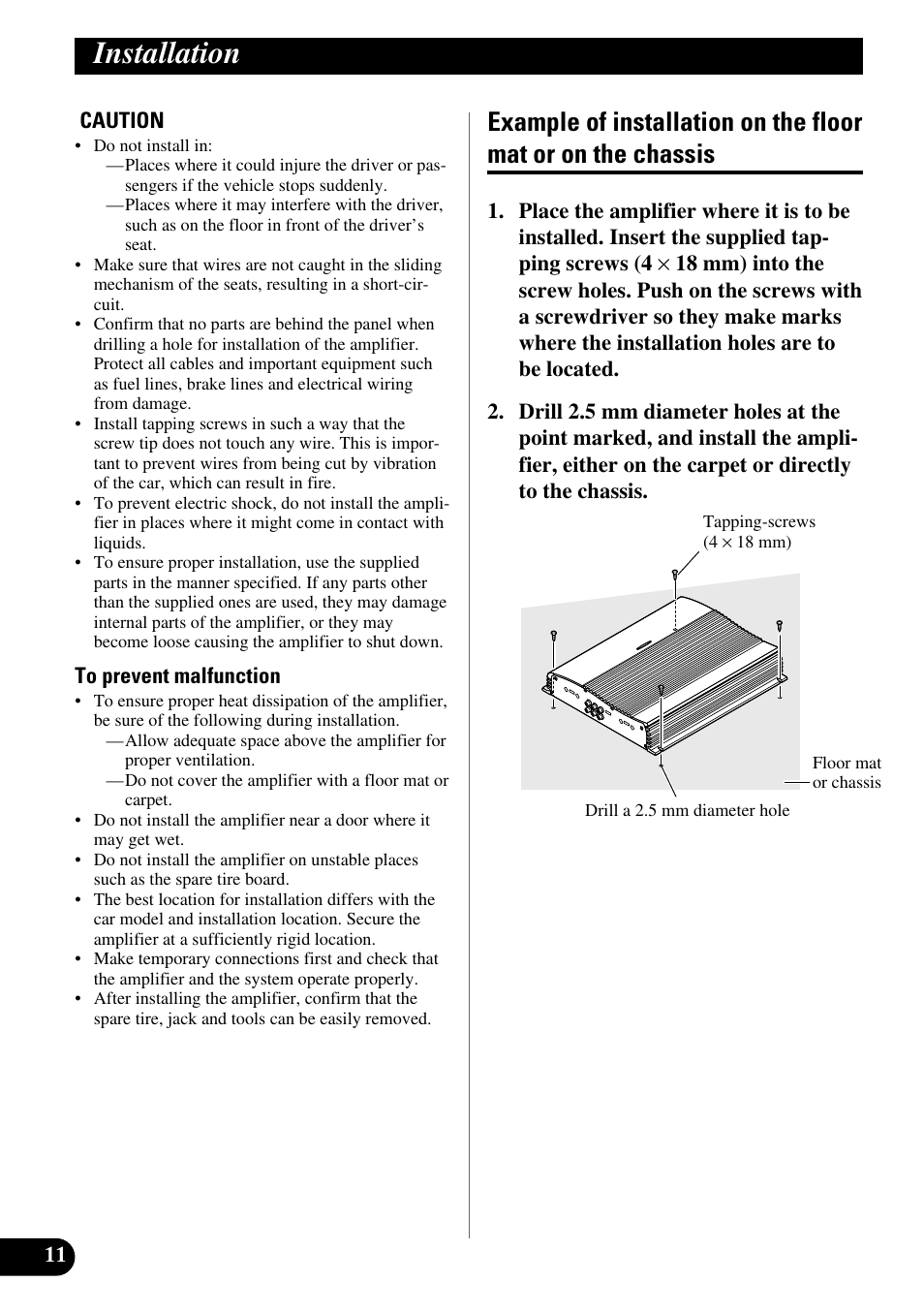 Installation, Example of installation on the floor mat, Or on the chassis | Pioneer GM-X564 User Manual | Page 12 / 76