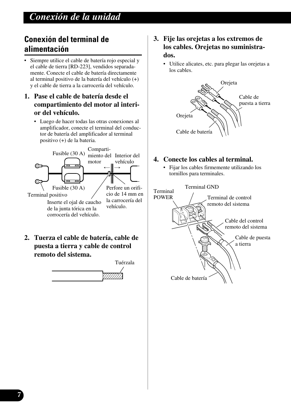 Conexión del terminal de alimentación, Conexión de la unidad | Pioneer GM-X564 User Manual | Page 20 / 76
