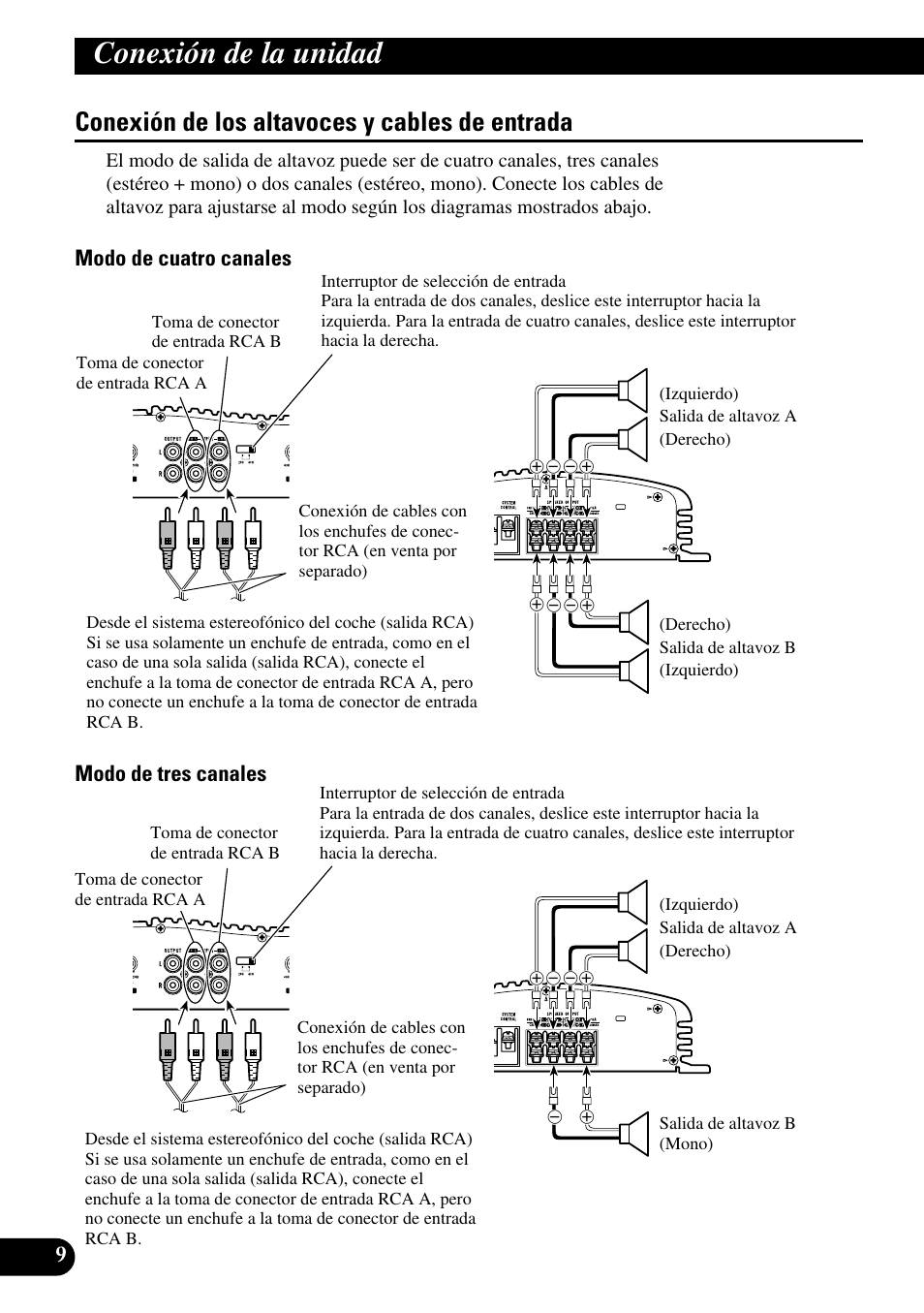 Conexión de los altavoces y cables, De entrada, Conexión de la unidad | Conexión de los altavoces y cables de entrada, Modo de cuatro canales modo de tres canales | Pioneer GM-X564 User Manual | Page 22 / 76