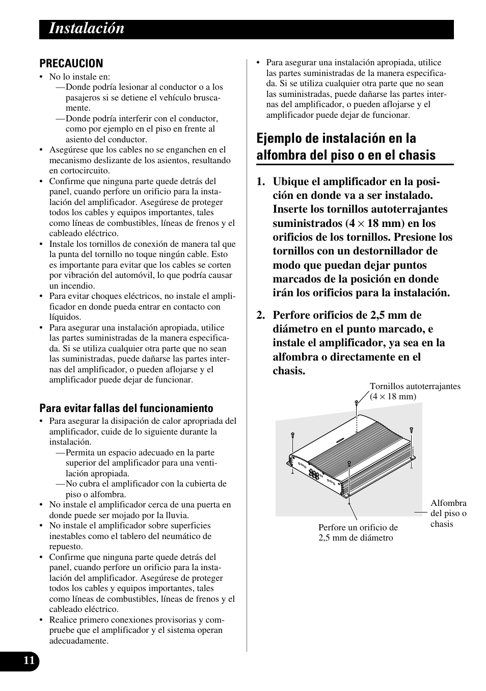 Instalación, Ejemplo de instalación en la alfombra del, Piso o en el chasis | Pioneer GM-X564 User Manual | Page 24 / 76