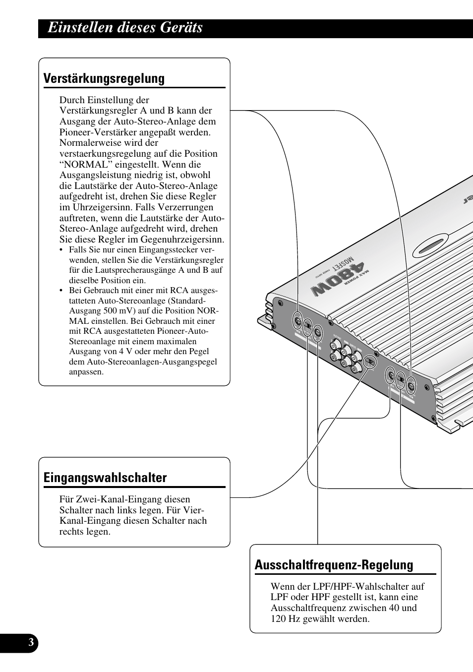 Einstellen dieses geräts, Verstärkungsregelung, Ausschaltfrequenz-regelung | Eingangswahlschalter | Pioneer GM-X564 User Manual | Page 28 / 76