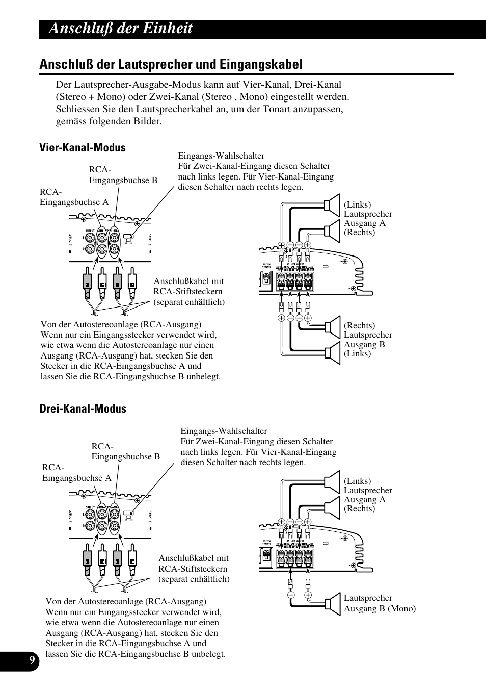 Anschluß der lautsprecher und, Eingangskabel, Anschluß der einheit | Anschluß der lautsprecher und eingangskabel, Vier-kanal-modus drei-kanal-modus | Pioneer GM-X564 User Manual | Page 34 / 76