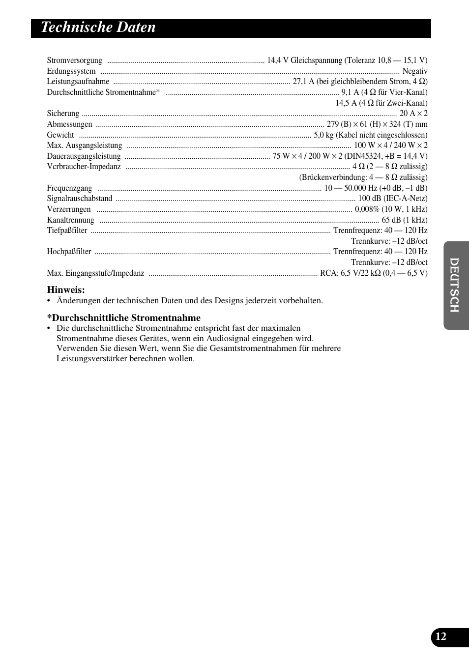 Technische daten | Pioneer GM-X564 User Manual | Page 37 / 76