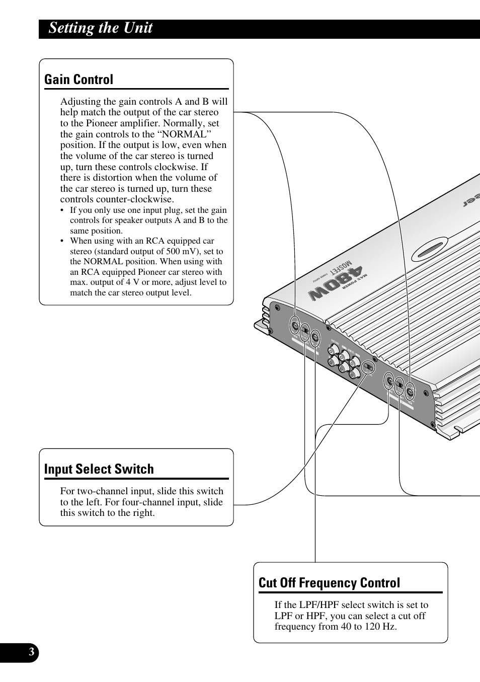 Setting the unit, Gain control, Cut off frequency control | Input select switch | Pioneer GM-X564 User Manual | Page 4 / 76