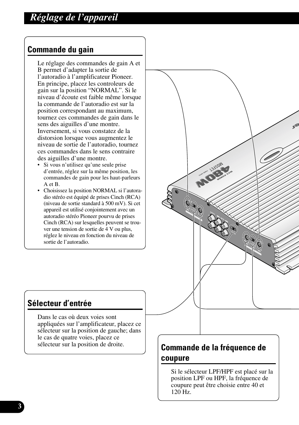 Réglage de l’appareil, Commande du gain, Sélecteur d’entrée | Commande de la fréquence de coupure | Pioneer GM-X564 User Manual | Page 40 / 76
