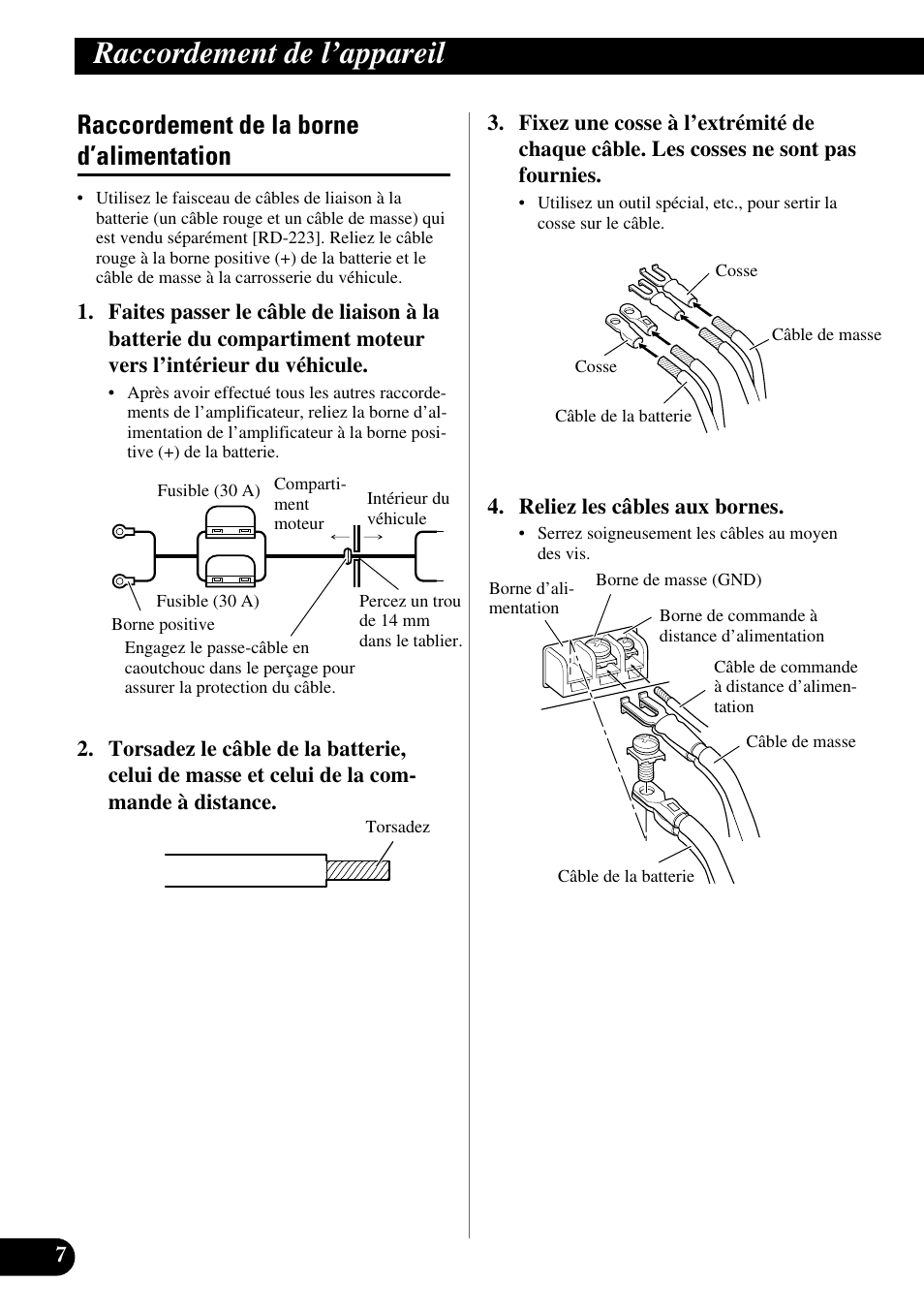 Raccordement de la borne d’alimentation, Raccordement de l’appareil | Pioneer GM-X564 User Manual | Page 44 / 76