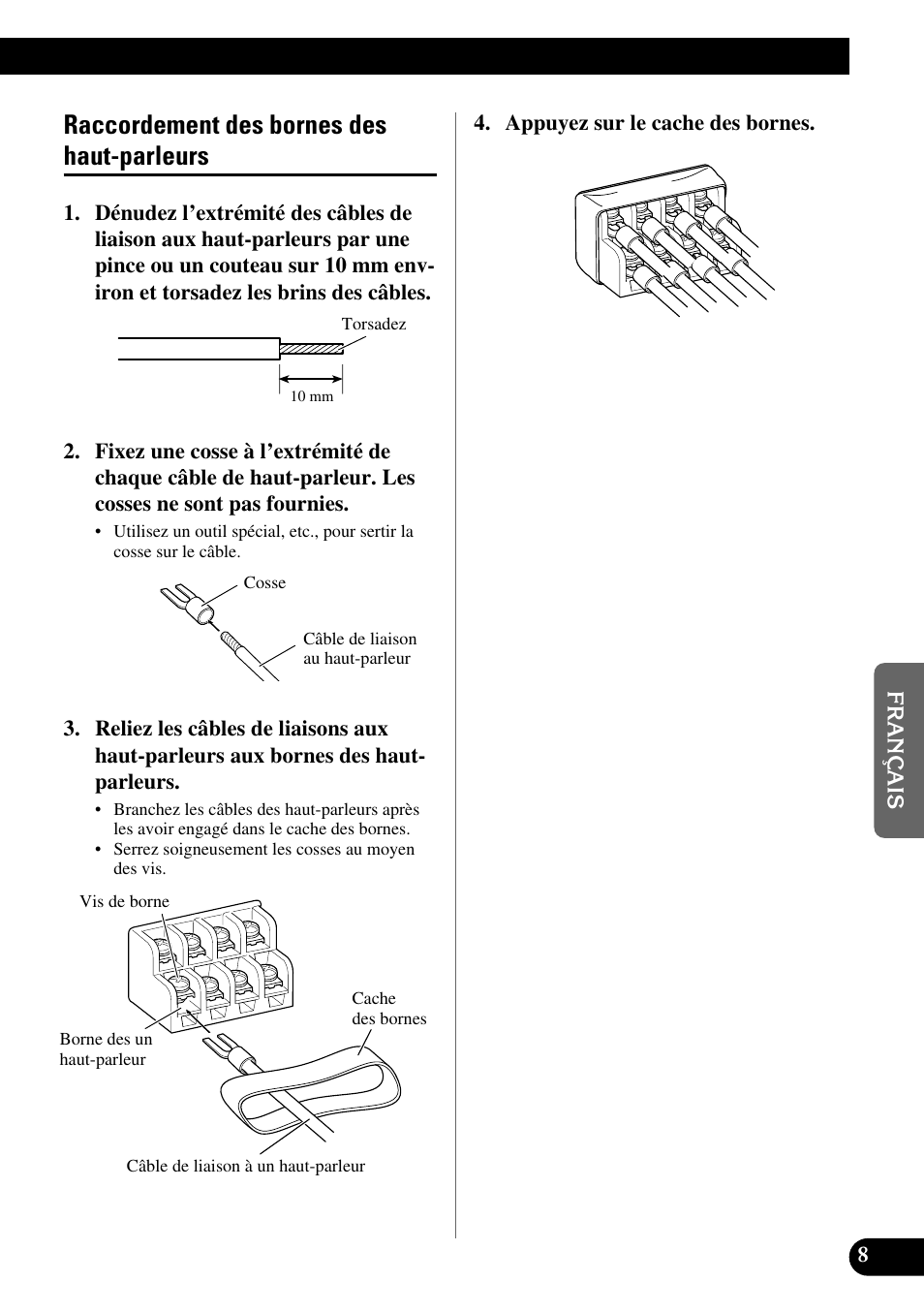 Raccordement des bornes des, Haut-parleurs, Raccordement des bornes des haut-parleurs | Pioneer GM-X564 User Manual | Page 45 / 76