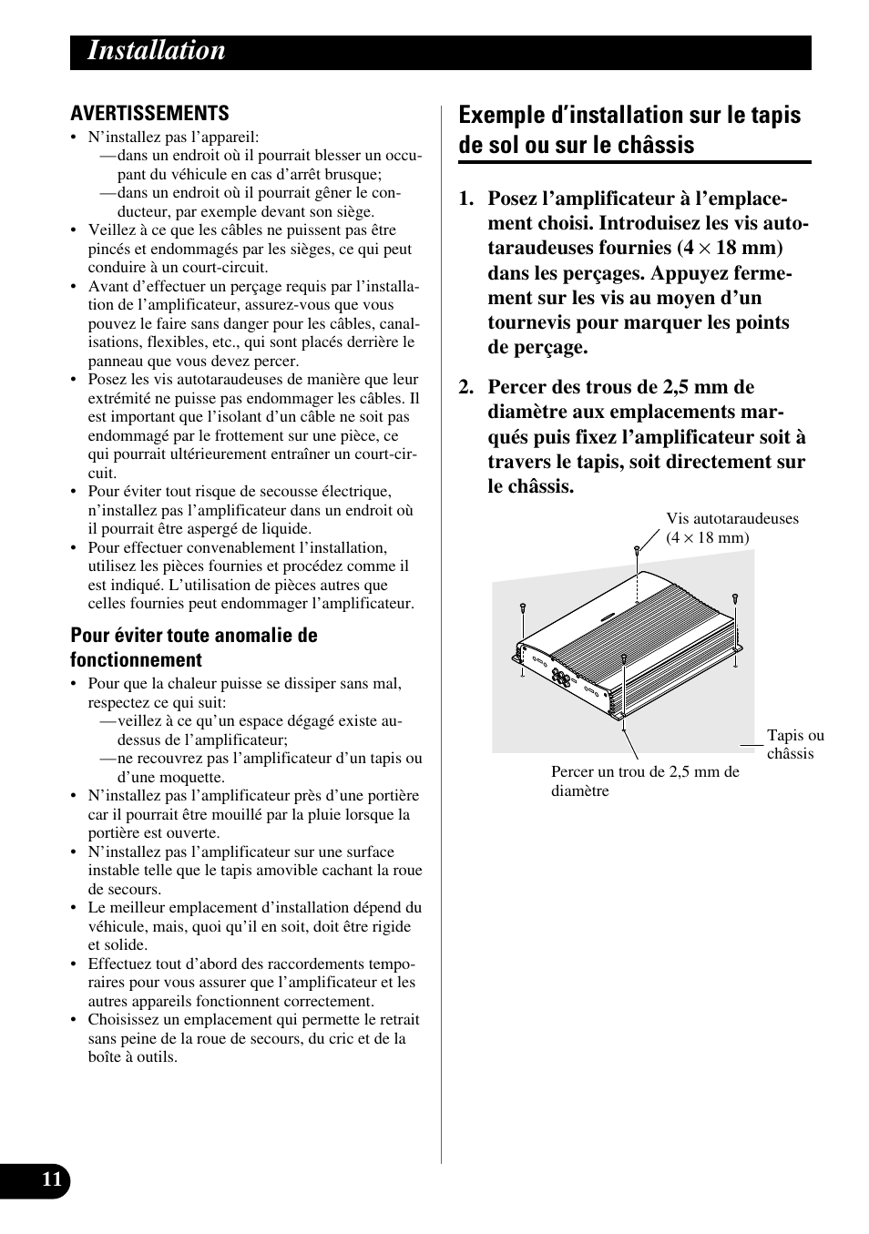 Installation, Exemple d’installation sur le tapis de sol ou, Sur le châssis | Pioneer GM-X564 User Manual | Page 48 / 76
