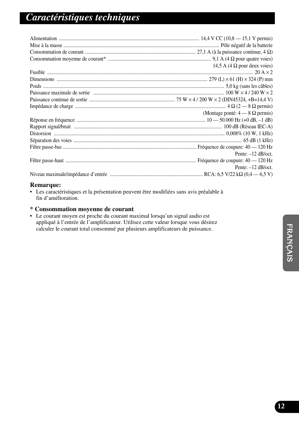 Caractéristiques techniques | Pioneer GM-X564 User Manual | Page 49 / 76