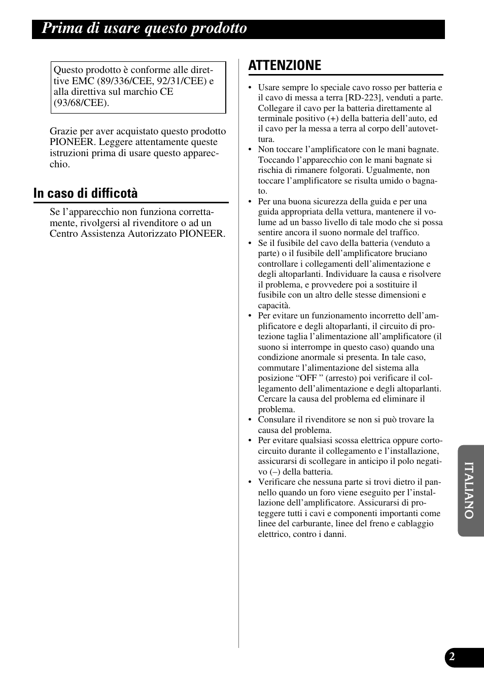 Prima di usare questo prodotto, In caso di difficotà attenzione, Attenzione | Pioneer GM-X564 User Manual | Page 51 / 76