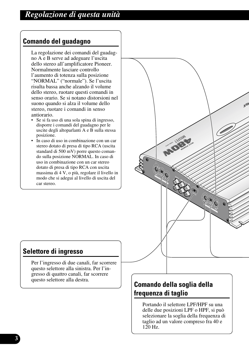 Regolazione di questa unità, Di taglio, Comando del guadagno | Selettore di ingresso, Comando della soglia della frequenza di taglio | Pioneer GM-X564 User Manual | Page 52 / 76