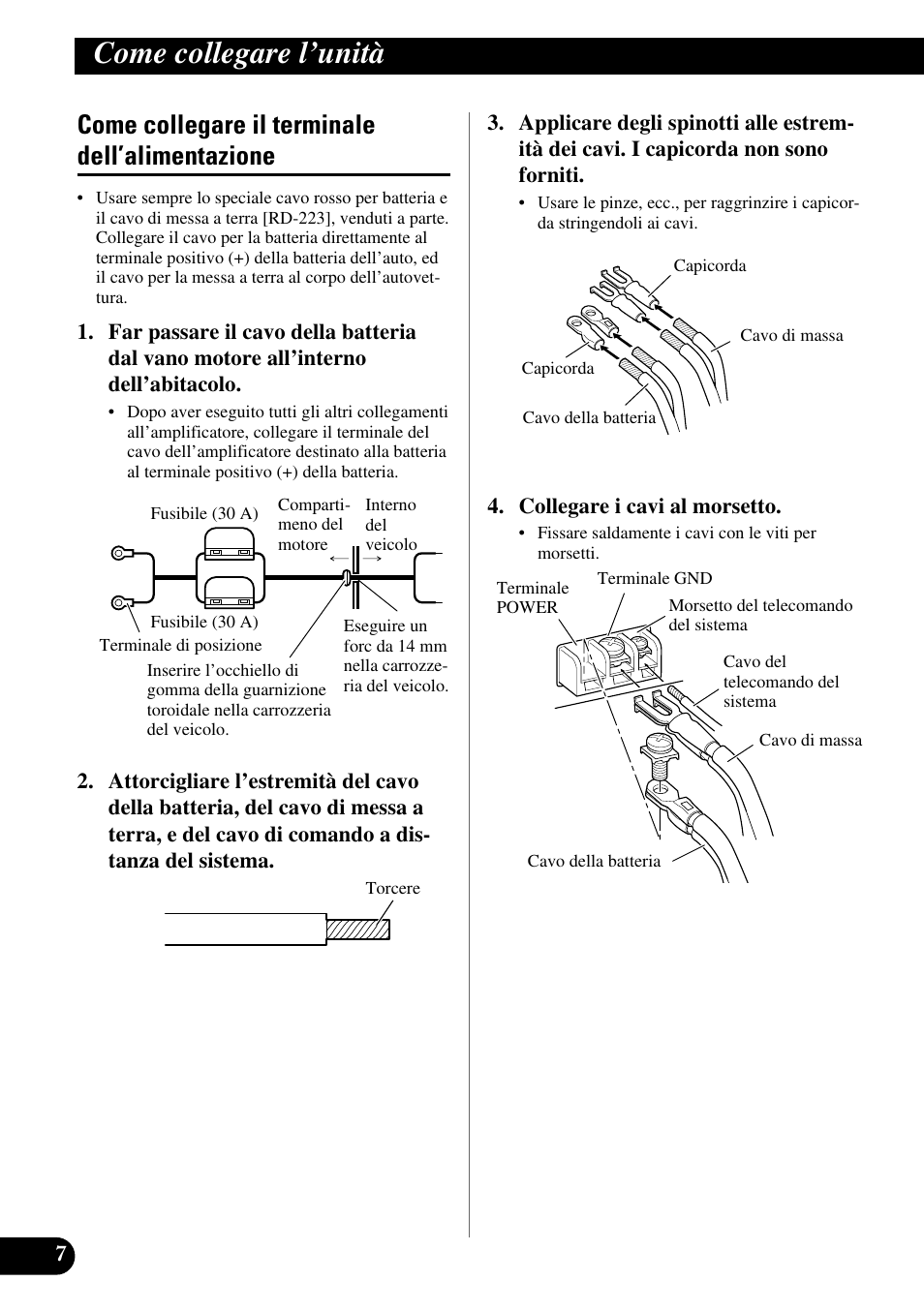Come collegare il terminale, Dell’alimentazione, Come collegare l’unità | Come collegare il terminale dell’alimentazione | Pioneer GM-X564 User Manual | Page 56 / 76