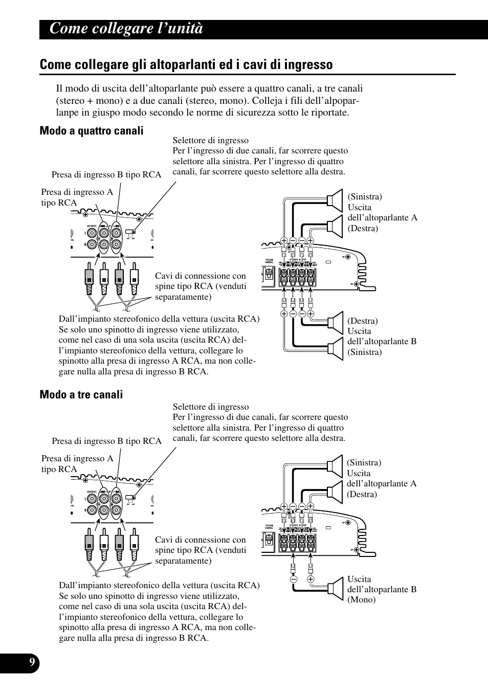 Come collegare gli altoparlanti ed i cavi, Di ingresso, Come collegare l’unità | Modo a quattro canali modo a tre canali | Pioneer GM-X564 User Manual | Page 58 / 76