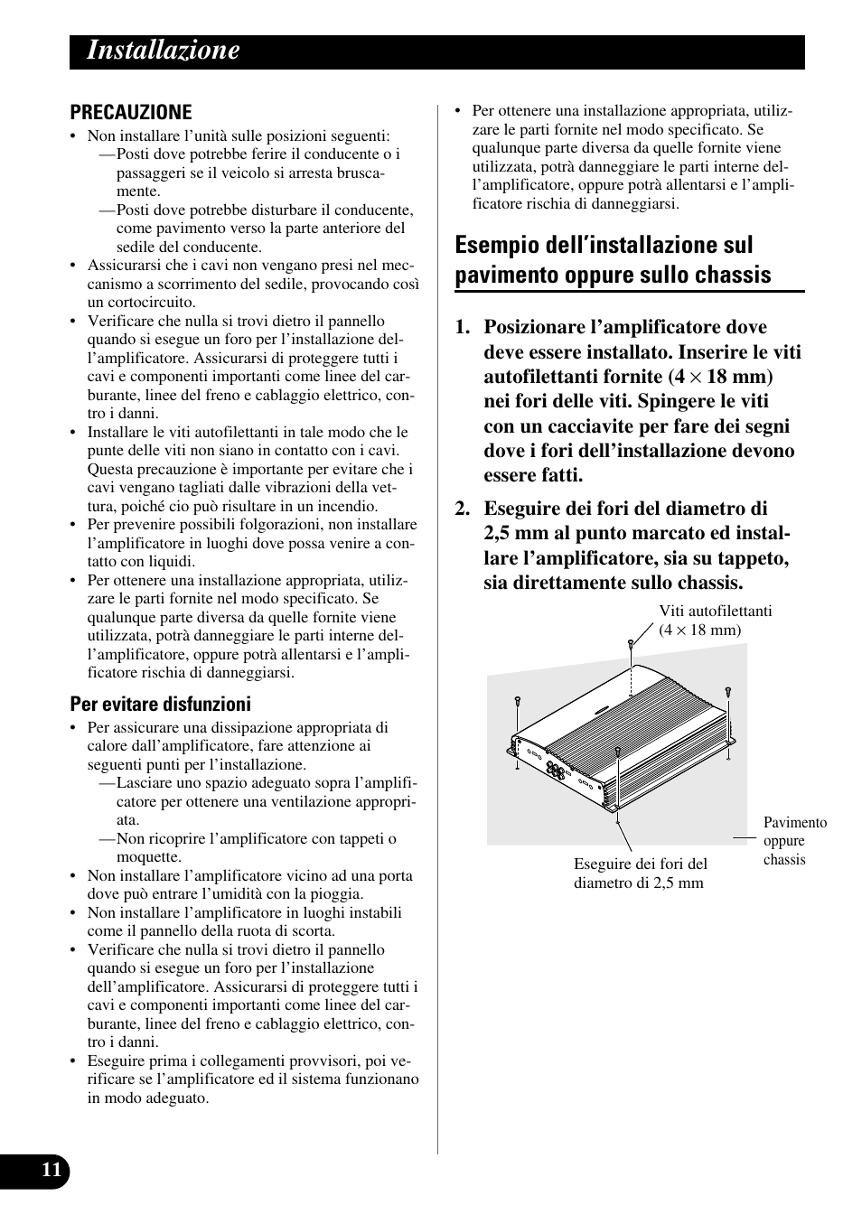 Installazione, Esempio dell’installazione sul pavimento, Oppure sullo chassis | Pioneer GM-X564 User Manual | Page 60 / 76