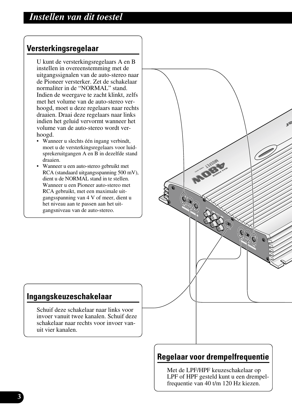 Instellen van dit toestel, Versterkingsregelaar, Regelaar voor drempelfrequentie | Ingangskeuzeschakelaar | Pioneer GM-X564 User Manual | Page 64 / 76