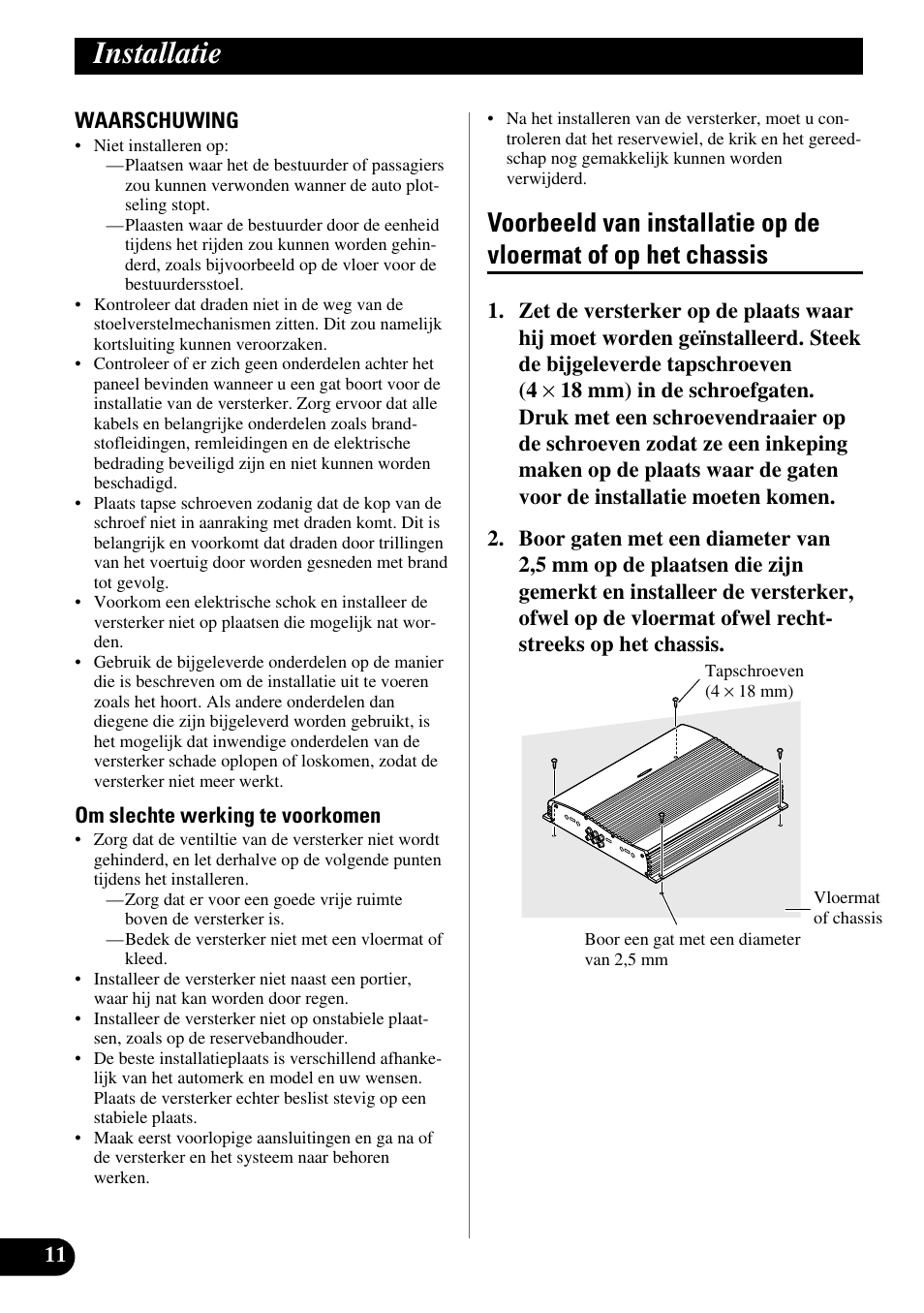 Installatie, Voorbeeld van installatie op de vloermat of, Op het chassis | Pioneer GM-X564 User Manual | Page 72 / 76