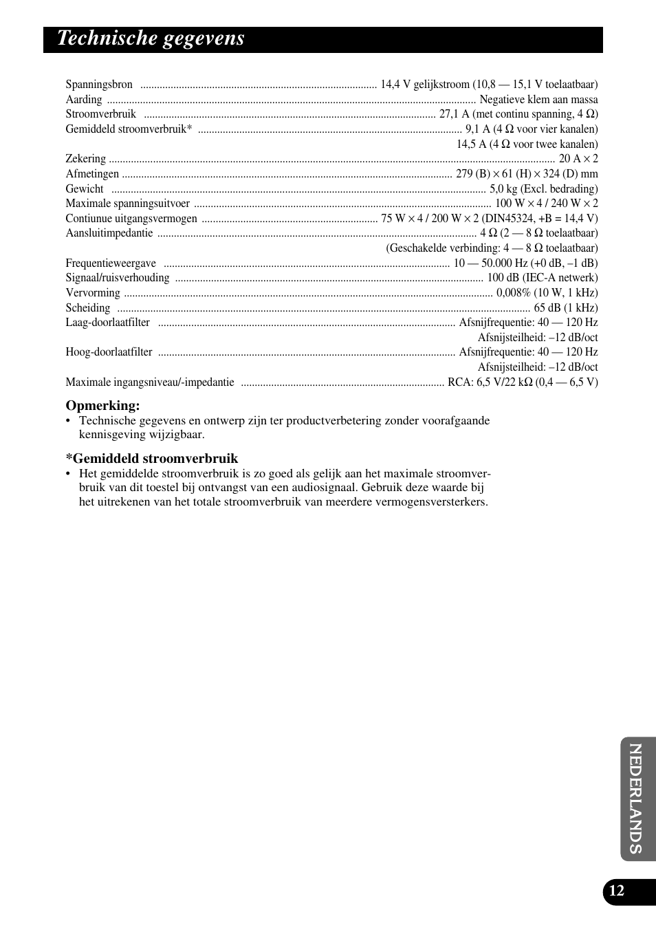 Technische gegevens | Pioneer GM-X564 User Manual | Page 73 / 76