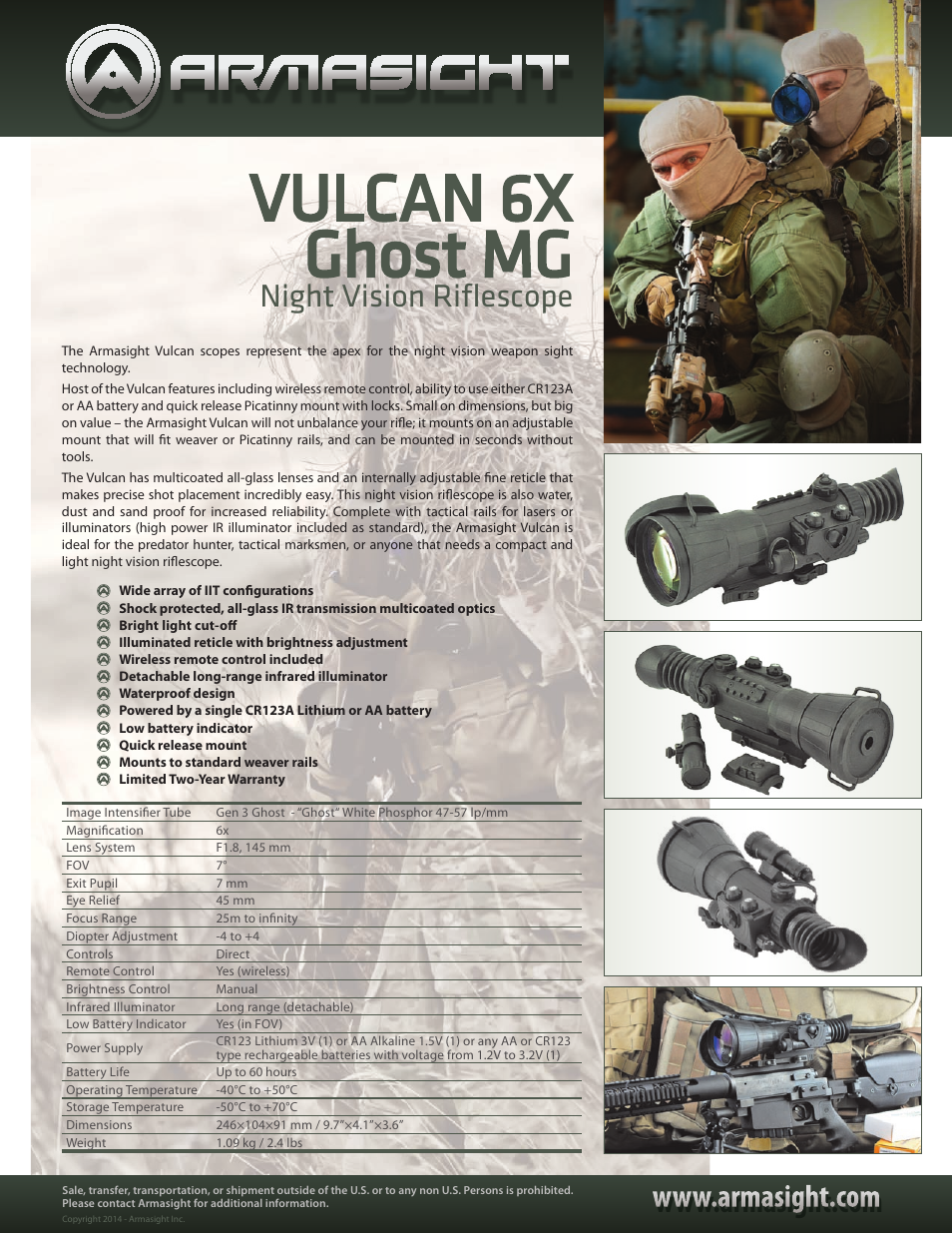 Armasight NRWVULCAN6G9DA1 Vulcan 6x Gen 3 Ghost MG Night Vision Riflescope User Manual | 1 page