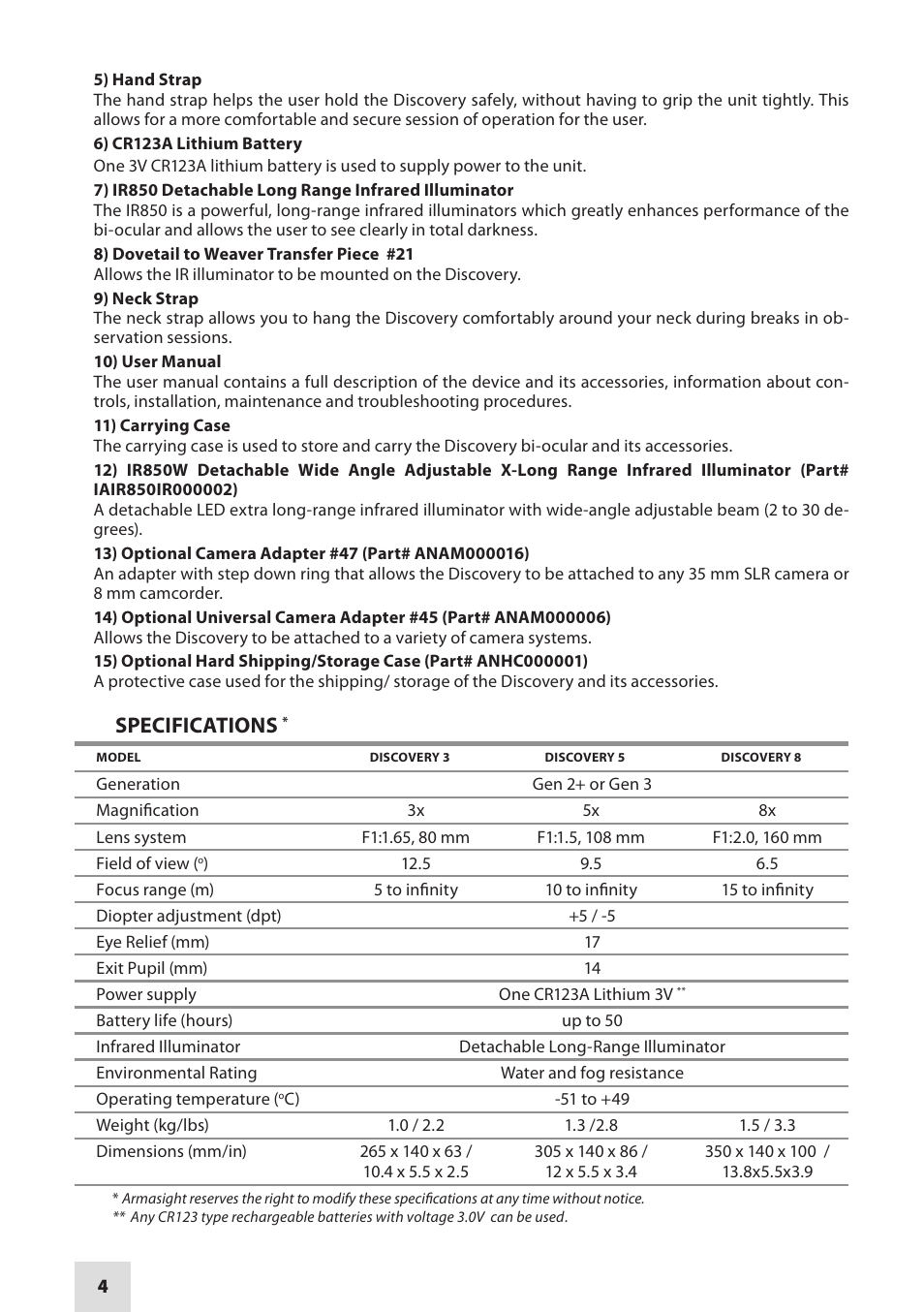 Specifications | Armasight NSBDISCOV823DH1 Discovery8x GEN 2+ HD Night vision binocular User Manual | Page 4 / 12