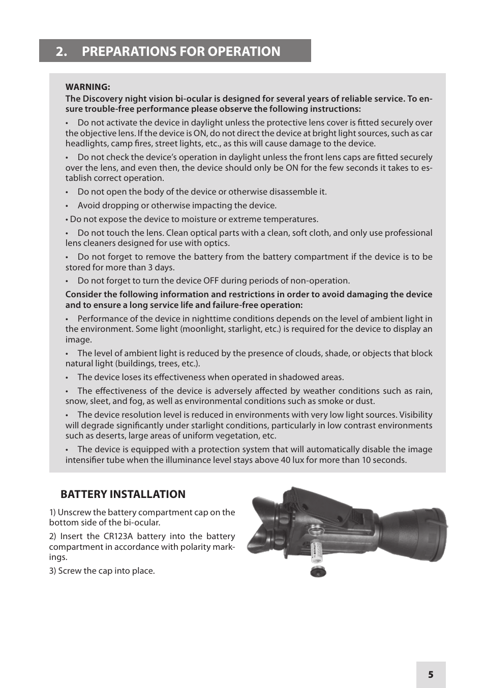 Preparations for operation | Armasight NSBDISCOV823DH1 Discovery8x GEN 2+ HD Night vision binocular User Manual | Page 5 / 12