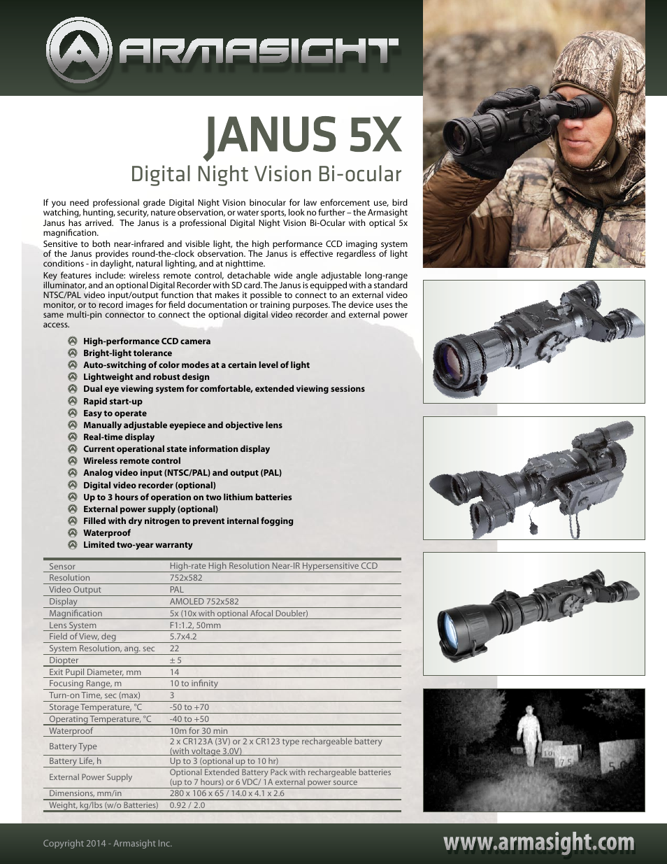 Armasight DABJANBBX05PAL1 Janus 5X - High Performance Digital Night Vision Binocular User Manual | 1 page